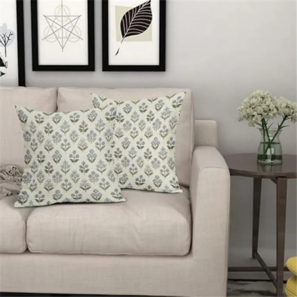 Blue Green Print Pillow Covers 18x18 Set of 2 Vintage Floral Spring NO INSERT